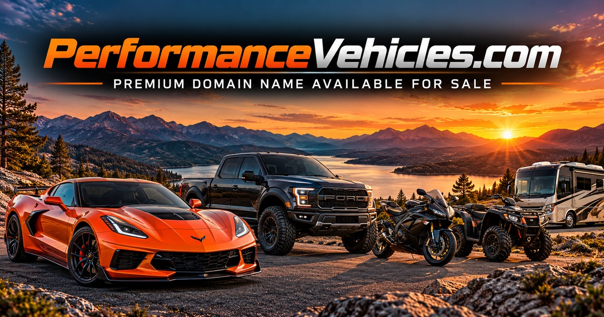 PerformanceVehicles.com premium domain name available for sale: sports car, truck, motorcycle, ATV and RV at sunset